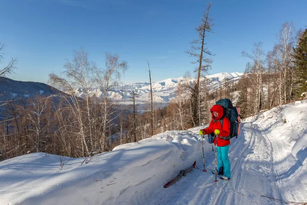 Frau Wandert Winterlandschaft Mit Schneebedeckten Bergen — Stockfoto