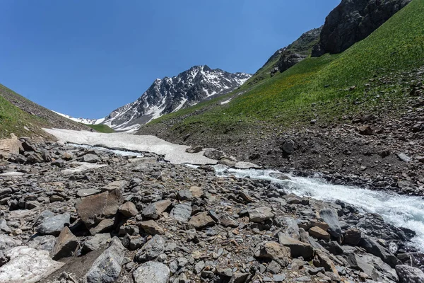 Vista Pitoresca Fluxo Rápido Montanha Que Flui Nas Montanhas Rochosas — Fotografia de Stock