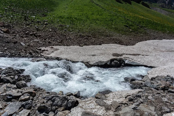 Güneşli baharda kayalık dağlarda akan hızlı dağ deresinin resimsel görüntüsü 