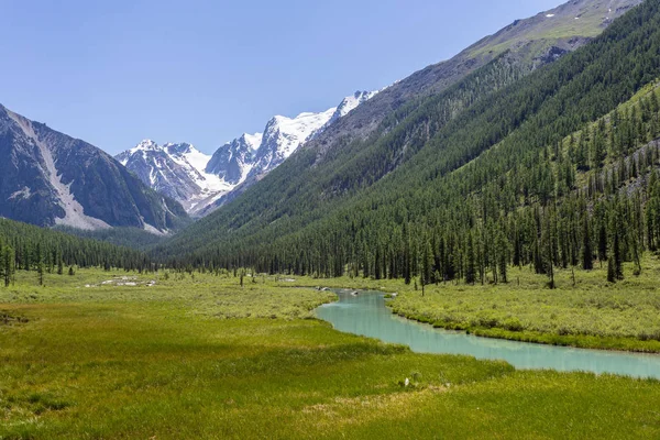 Malebný Výhled Modrou Řeku Sněhové Vrcholy Tien Shan Zasněženými Vrcholky — Stock fotografie