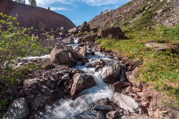 Güneşli baharda kayalık dağlarda akan hızlı dağ deresinin resimsel görüntüsü 