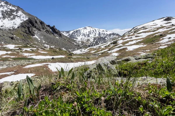 Vista Pitoresca Montanhas Rochosas Com Topos Nevados Dia Ensolarado Primavera — Fotografia de Stock