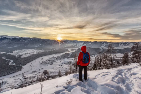 Reiziger Warme Sportieve Kleding Met Rugzak Wandelen Besneeuwde Bergen Zonnige — Stockfoto