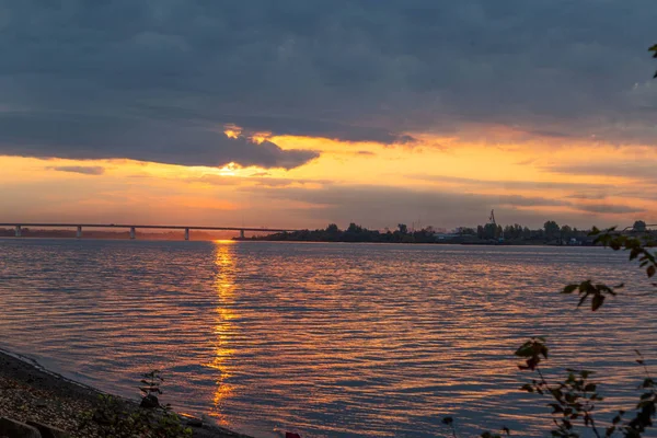 Autumn Summer Sunset Sunrise River Very Beautiful Sky Sun Comes — Stock Photo, Image