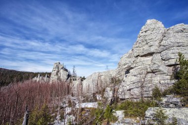 Güneşli bir günde sonsuz kozalaklı orman ve kayaların manzarası, Yerani köyü, Urallar