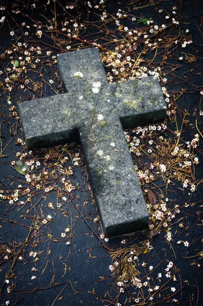 Κινηματογράφηση Πρώτο Πλάνο Έναν Πέτρινο Σταυρό Έναν Τάφο Ένα Νεκροταφείο — Φωτογραφία Αρχείου