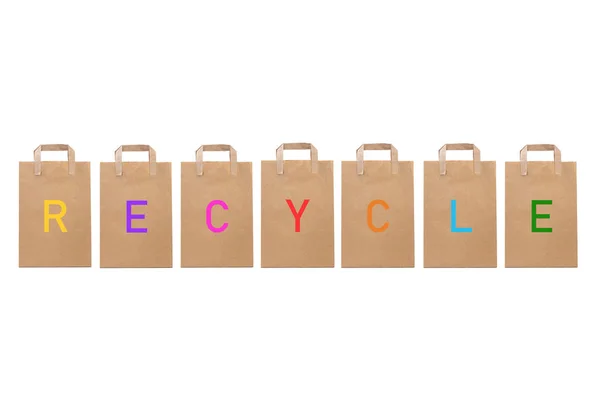 Reciclar Palavra Escrever Sacos Papel Diferentes — Fotografia de Stock