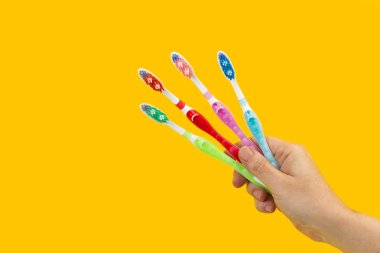 Sarı bir arka planda plastik renkli diş fırçaları tutan bir kadın el