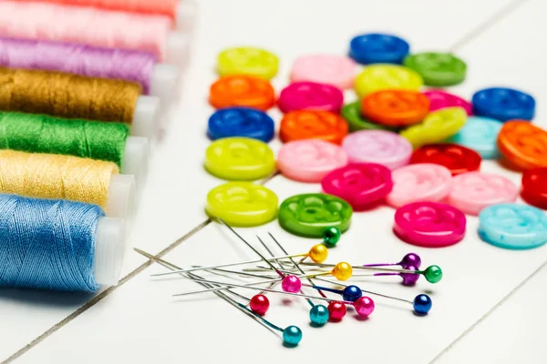 Sewing Pins Sewing Threads Colored Buttons White Table — Stock Photo, Image