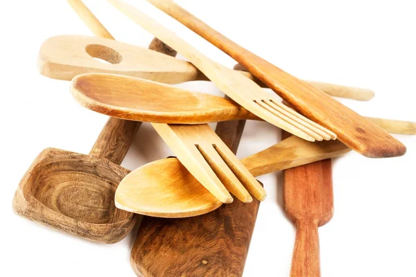 Kochgeschirr Aus Holz Auf Weißem Hintergrund — Stockfoto