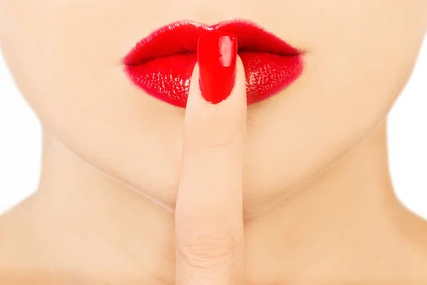 Woman Red Nail Her Mouth — Stock Photo, Image