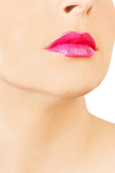 Uma Mulher Com Lábios Maquiagem Rosa — Fotografia de Stock