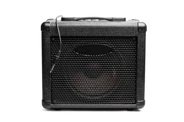 A black amplifier on a white background