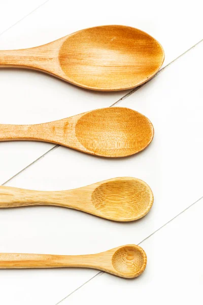 Cuillères Bois Sur Une Table Bois Blanc — Photo