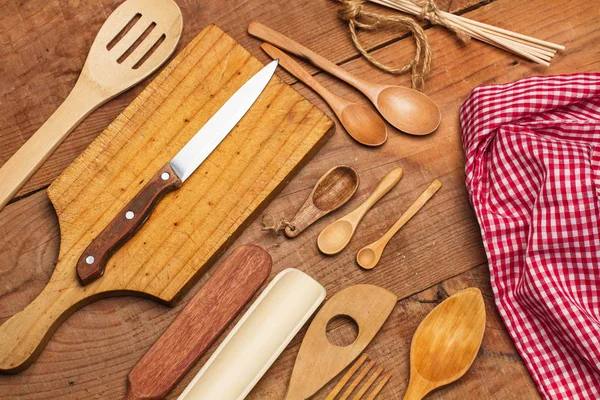 Utensilios Cocina Madera Sobre Una Mesa Madera — Foto de Stock