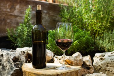 Bahçede bir şişe ve bir kadeh kırmızı şarap. Arkasında da kayalar ve aromatik otlar var.