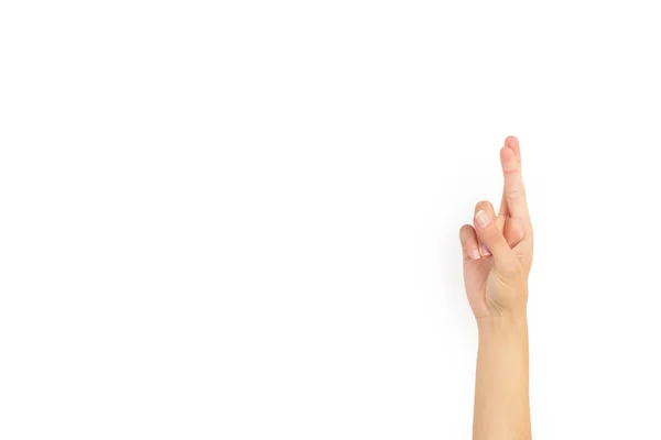 Vrouw Hand Met Vingers Gekruist Een Witte Achtergrond Met Kopieerruimte — Stockfoto