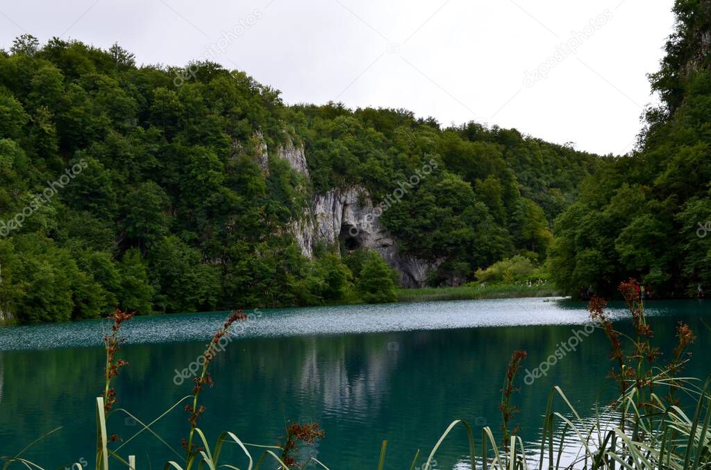turquoise lake behind the grass in the Plitvice lakes forest