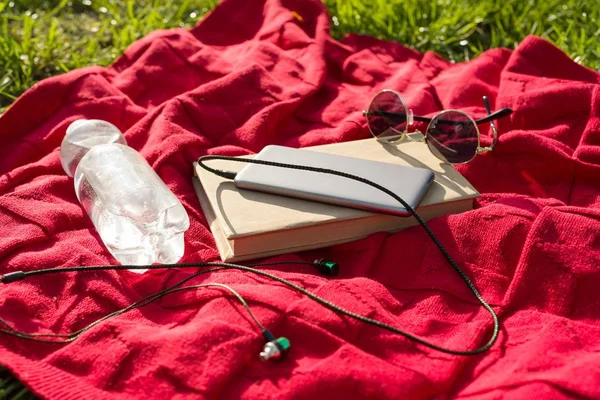 Xadrez Parque Garrafa Água Livro Telefone Com Fones Ouvido Óculos — Fotografia de Stock