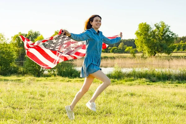 Girl Teenager American Flag Running Summer Green Meadow Sunset Nature — Stock Photo, Image