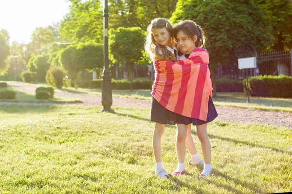 อนสาวสองคน กเร กอดก นเล นบนท งหญ าในสวนสาธารณะ — ภาพถ่ายสต็อก