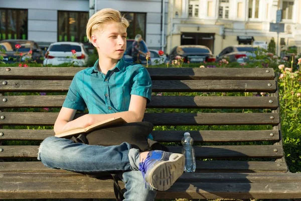 Outdoor Portrait Teenage Boy Years Old Sitting Bench City Park — Stock Photo, Image