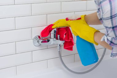 Ev ve aile içi yaşam tarzı. Kadın evde banyo, temizlik lavabo ve musluk sprey deterjan ile ev işleri yaparak.