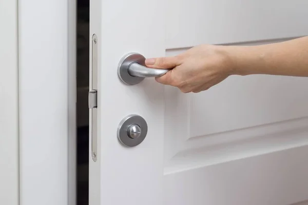 Close Female Hand Opens Closes White Interior Door — Stock Photo, Image