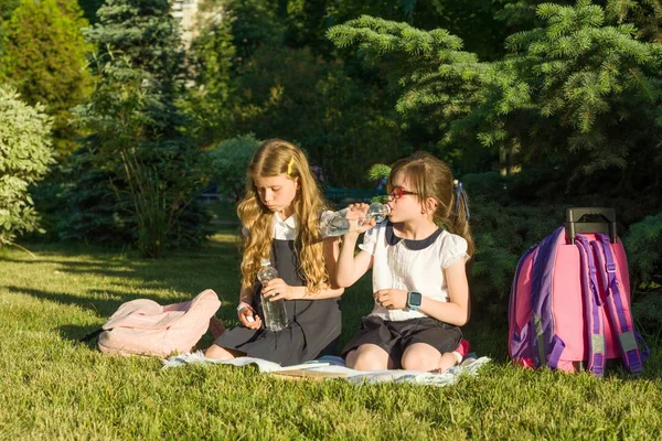 两个小女孩在阳光明媚的日子里 孩子们从瓶子里喝水 坐在公园里 — 图库照片
