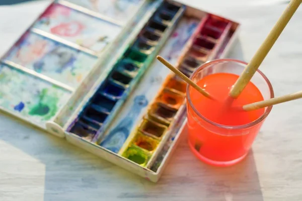 Brushes Professional Watercolor Paints Wooden White Window Ledge — Stock Photo, Image