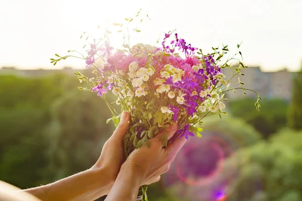 夏の野の花のブーケを手に持った女性 背景の空 夕焼け市のシルエット — ストック写真