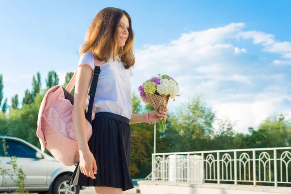 Back School Happy Teenage Girl Goes First Day School Backpack — Stock Photo, Image