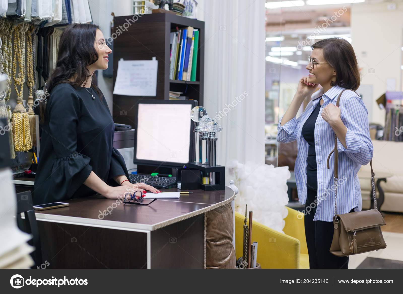 Woman Designer Interior Decorator Smiles Greets Client Small