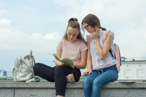 两名学习女孩在公园户外背包和课本的学生 — 图库照片
