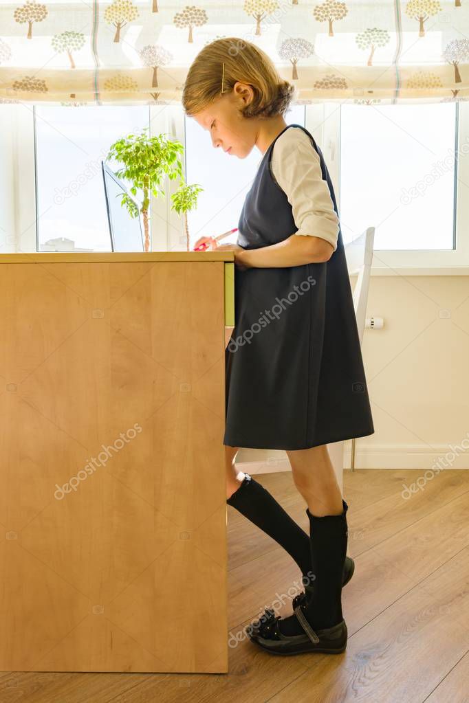 Portrait of small pretty student studying at a desk. School, education, knowledge and children