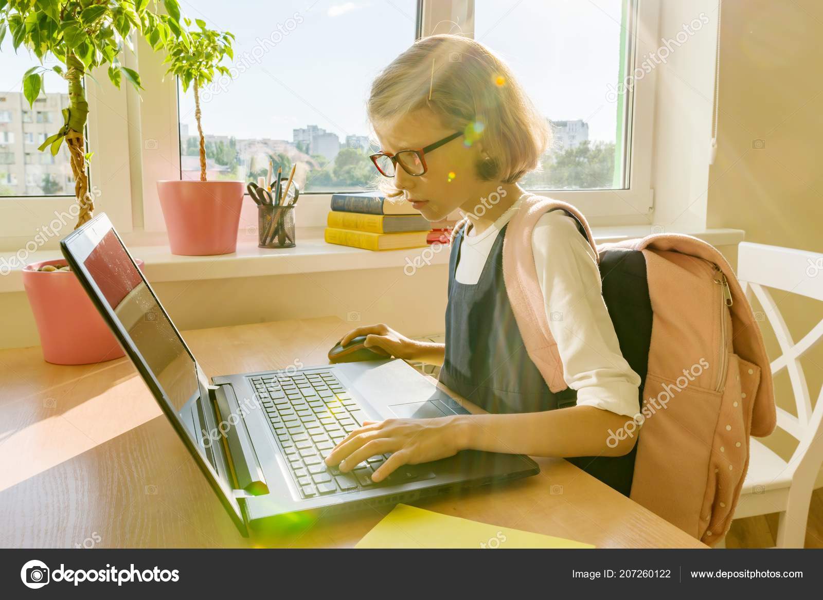 Little Student Girl Years Old School Uniform Backpack Uses Laptop