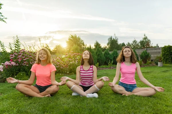 Grupp Unga Tonåriga Flickor Träna Yoga Meditera Sitta Lotusställning Gräset — Stockfoto