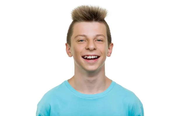 Close-up portrait of happy laughing teenager boy, smile with teeth, white background isolated — Stock Photo, Image