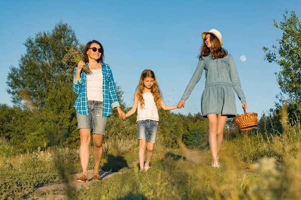 Lycklig mor och två döttrar hålla händerna promenader längs landsbygden landsväg med vildblommor, korg av bär. Solig sommardag, solnedgång, bakifrån — Stockfoto