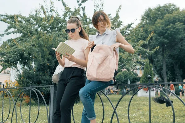 Две школьницы с рюкзаками и учебниками на улице в парке — стоковое фото