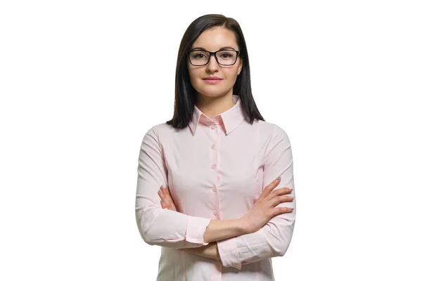 Confident young business woman with crossed arms in glasses pink shirt on white isolated background — Stock Photo, Image