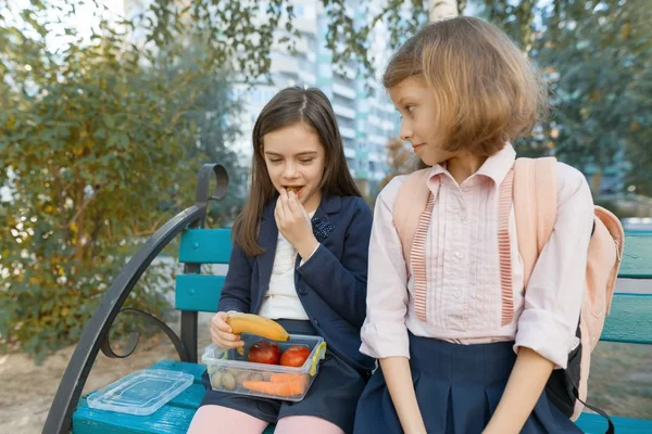 小学生的户外肖像与饭盒, 健康的学校早餐。孩子们吃、说、笑 — 图库照片