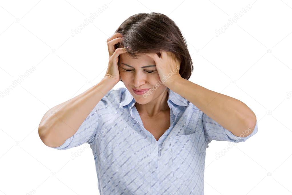 Mature woman holding her hands with her head, depression headache problems migraine, on white isolated background