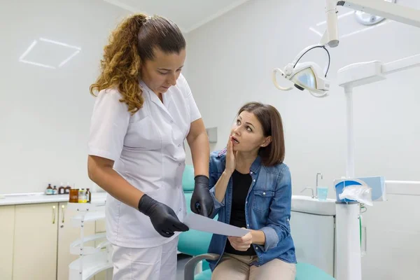 Dorosła kobieta cierpi na ból zęba i narzeka podczas wizyty do profesjonalnego stomatologa. — Zdjęcie stockowe