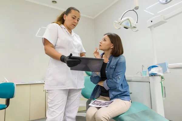 Tandläkaren visar en patient hennes tänder röntgen. Hälsovård, sjukvård och tandvård koncept — Stockfoto