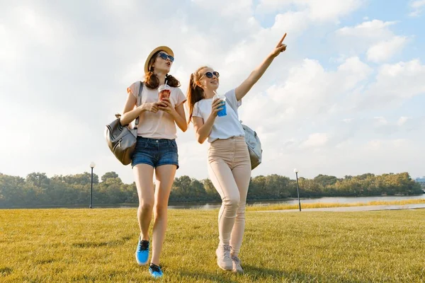 Vriendinnen lopen in het park in de natuur. Meisjes lopen langs het groene gazon, praten, veel plezier — Stockfoto