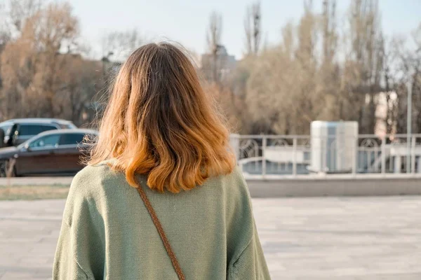 Dívka, která kráčí po zádech s hnědými červenými vlasy v zeleném svetru, na pozadí slunečného dne, místo kopírování — Stock fotografie
