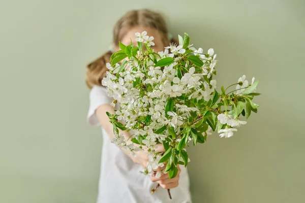 Girl child gives spring white flowers blooming cherry branches, green wall background — Stock Photo, Image