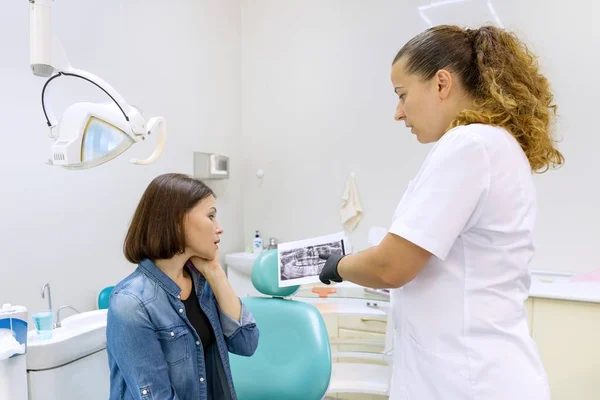 Dişçi, dişçi koltuğundaki kadın hastayla konuşuyor. Röntgenli kadın doktor tanı yıkıyor ve tedavi öneriyor. — Stok fotoğraf