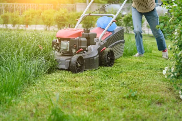 Bahçıvan kadın bacaklar çim biçme makinesi ile çim biçme çim, bir apartmanın şehir avlusu